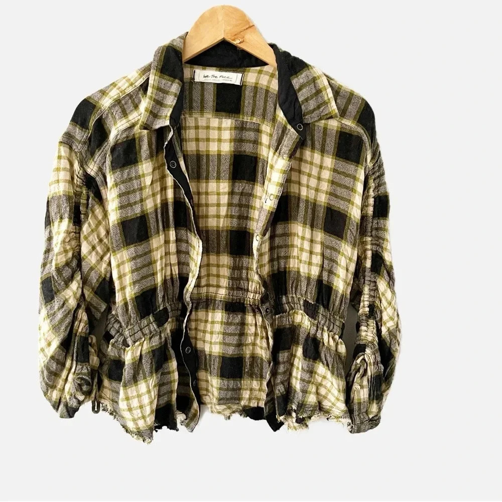 Free People Black Plaid Ruched Sleeve Pacific Dawn Button Down Shirt Size Medium